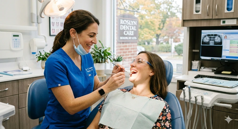 Friendly dentist in Roslyn NY treating a patient